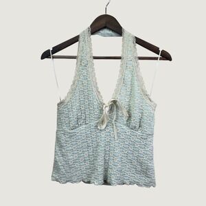La Peche Halter Top XL Blue Lace Trim Cottagecore Coquette Y2K Aesthetic